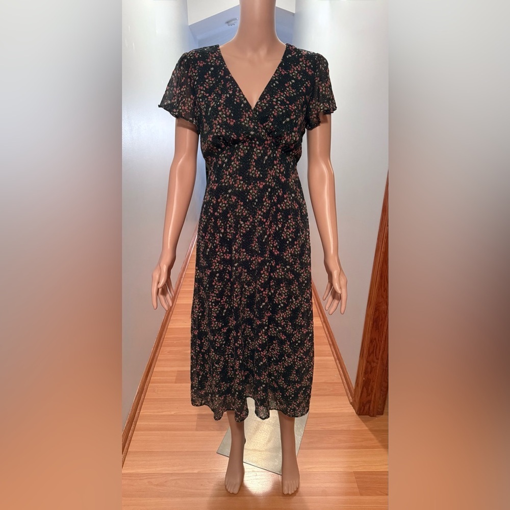 Vylette Womens Black Floral Midi Dress V-Neck Fluttered Sleeves Size Medium